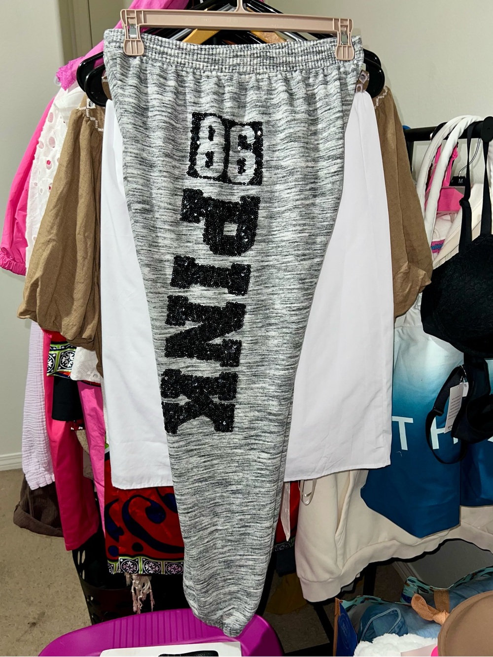Vintage PINK Victoria's Secret Gray Marled Sequin Bling Logo Hoodie & Jogger Set - Picture 5 of 16
